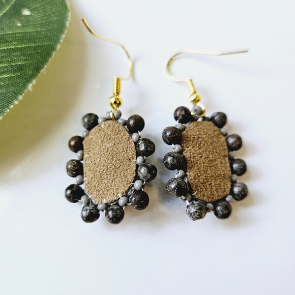 2/$27 | Charcoal Stone Shield Beaded Indigenous Hoop Earrings | Handmade - Picture 5 of 6